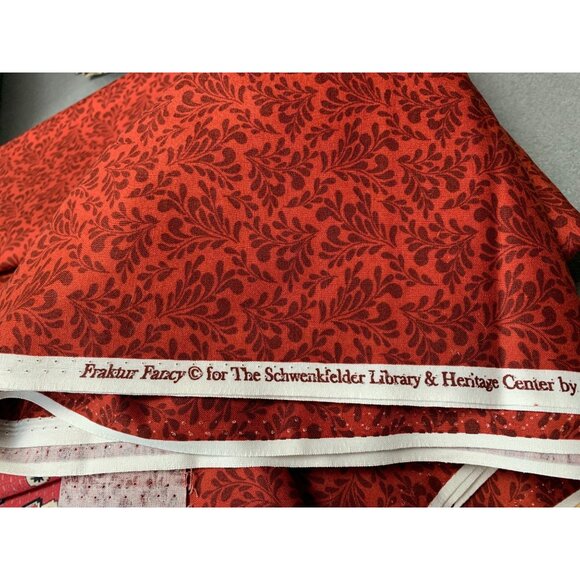 Fraktur Fancy Cotton Red & Brown Floral Fabric 1/2 yard Schwenkfelder Library - Picture 4 of 5